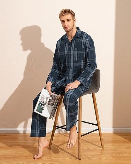 Men's Pajama Set Long Sleeve with Pocket Woven Cotton Knit Plaid Button-Down
