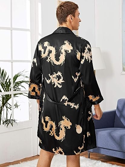 Men's Silk Bathrobes Long Sleeve Satin Kimono Robe with Shorts  Pajamas Set