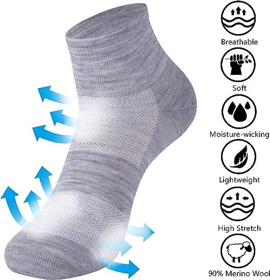 Men's 90% Wool Athletic Thin Running Moisture Wicking Socks, 3 Pairs